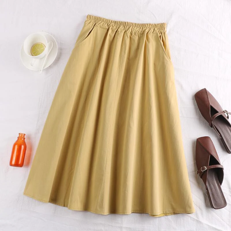 Tigena карман хлопок миди юбка женская мода Лето Корейская Высокая талия до колен юбка женская школьная солнце юбка желтый