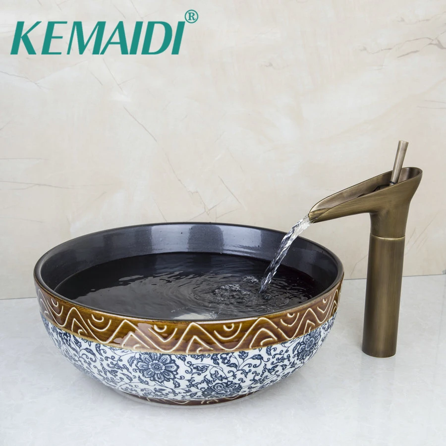 KEMAIDI Retro Blue And White Porcelain Ceramic Bowl Sinks / Vessel Basins With Bathroom Brass
