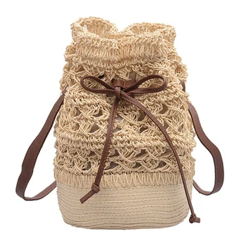 

NEW-Woven Open Bucket Bag Fashion Beach Bag Simple Straw Bucket Bag Women'S Hollow Shoulder Diagonal Package