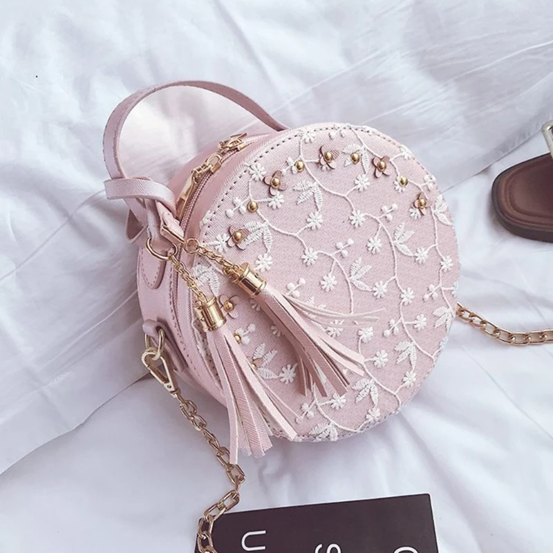 

THINKTHENDO 2018 Fashion Design Women Girl Lace Bag Tassel Round Handbag Purse Crossbody Tote Shoulder Bags Gift