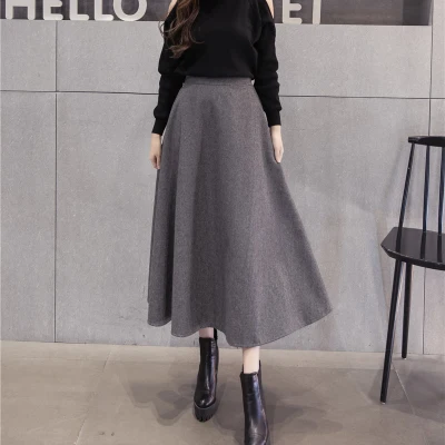 Осень-зима, женские теплые шерстяные юбки, женская элегантная Корейская версия, юбка с высокой талией для девушек, Длинные шерстяные юбки для женщин - Цвет: gray