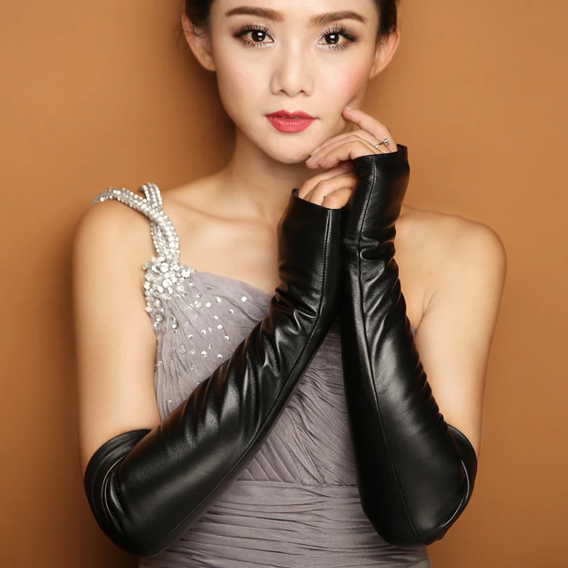 43 см длинные дизайнерские перчатки из натуральной кожи зимние женские перчатки из овчины женские перчатки с полупальцами рукав lg004