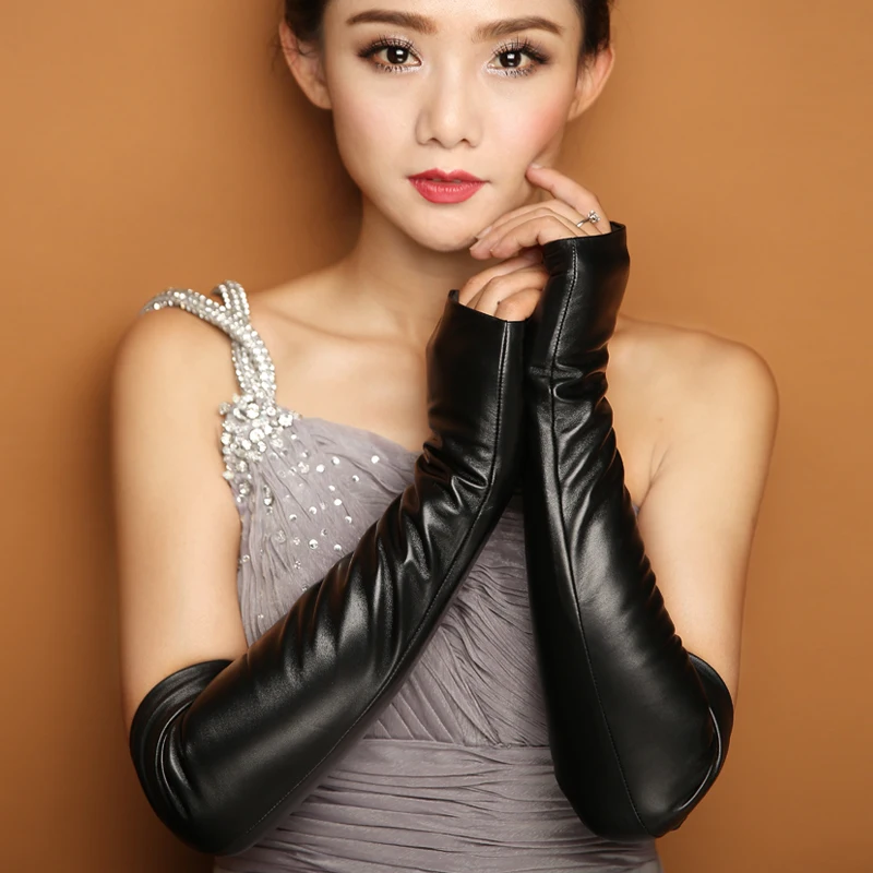 

43cm long design genuine leather gloves winter women gloves sheepskin gloves female semi-finger arm sleeve lg004
