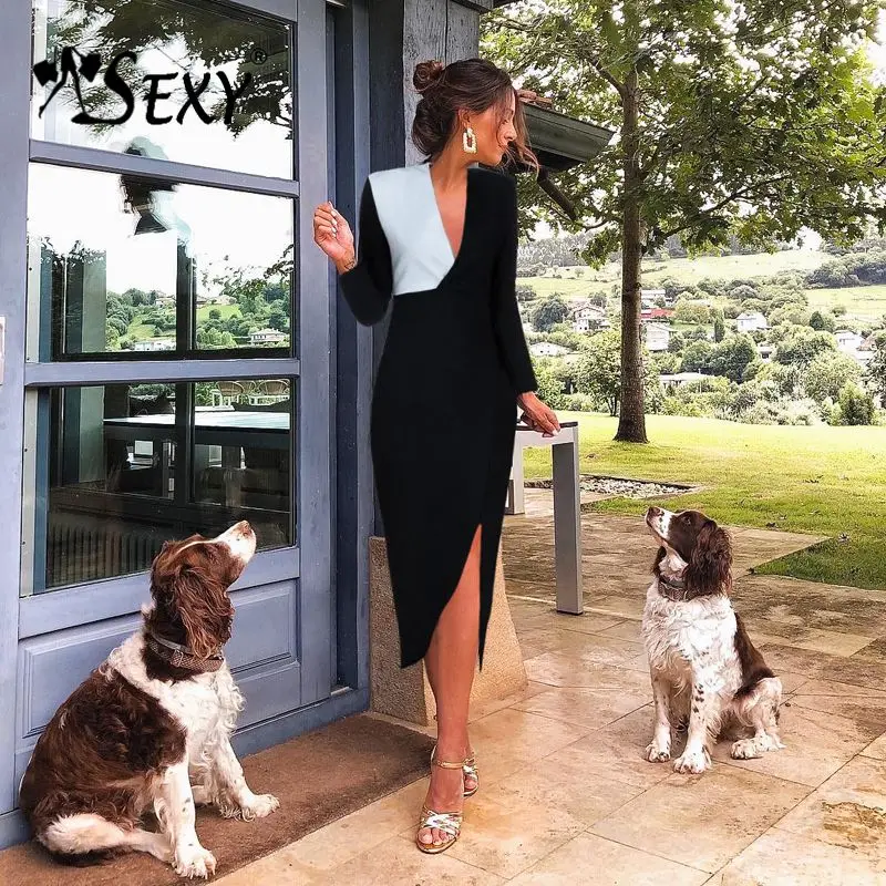 

Gosexy 2019 New Women Bandage Dress Black White Patchwork V Neck Sexy Party Dresses Fashion Long Sleeve Sheath Club Lady Bodycon