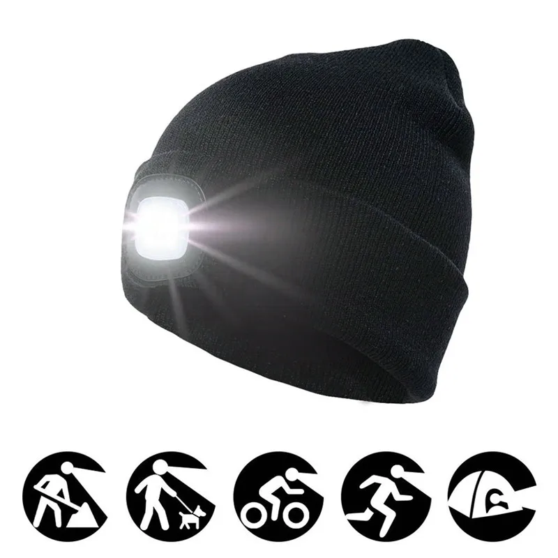 

Camping & Hiking Bright 4LED Lighted Knit Beanie Cap Unisex USB Rechargeable Headlamp Hat Hands Free Outdoor Built-in Battery #A