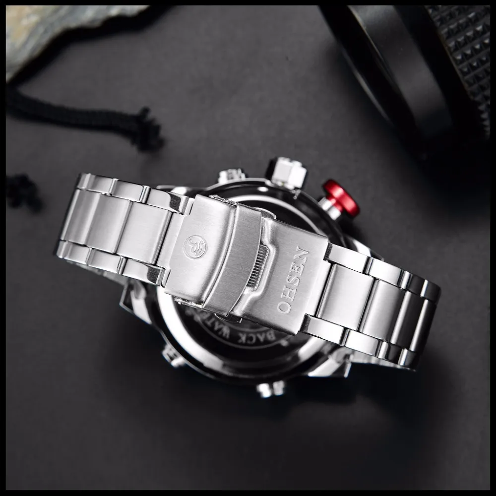 Мужские наручные часы OHSEN, роскошные Брендовые мужские часы, полностью стальные часы, светодиодный Будильник, Кварцевые водонепроницаемые часы Relogio Masculino