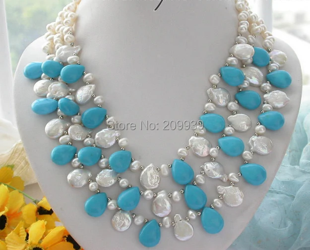 

huij 004056 3row white rice / white coin PEARL drip turquoise NECKLACE
