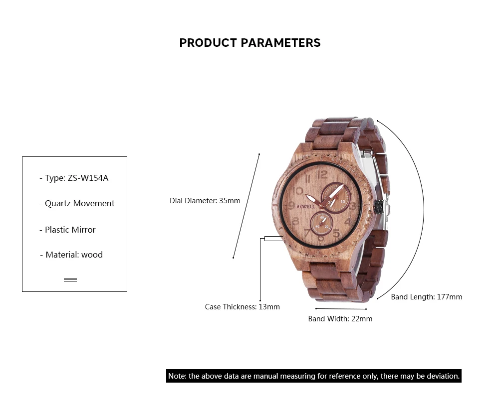 BEWELL ZS - W154A Male Wooden Watch Calendar Luminous Pointer Natural Wristwatch for Men