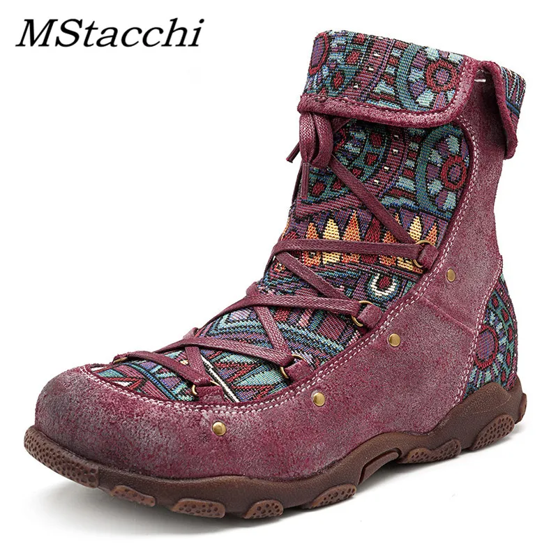 

MStacchi Autumn Winter Handmade Women Shoes Genuine Leather Printed Tennis Vintage Motorcycle Short Boots Lace Up Casual Shoes