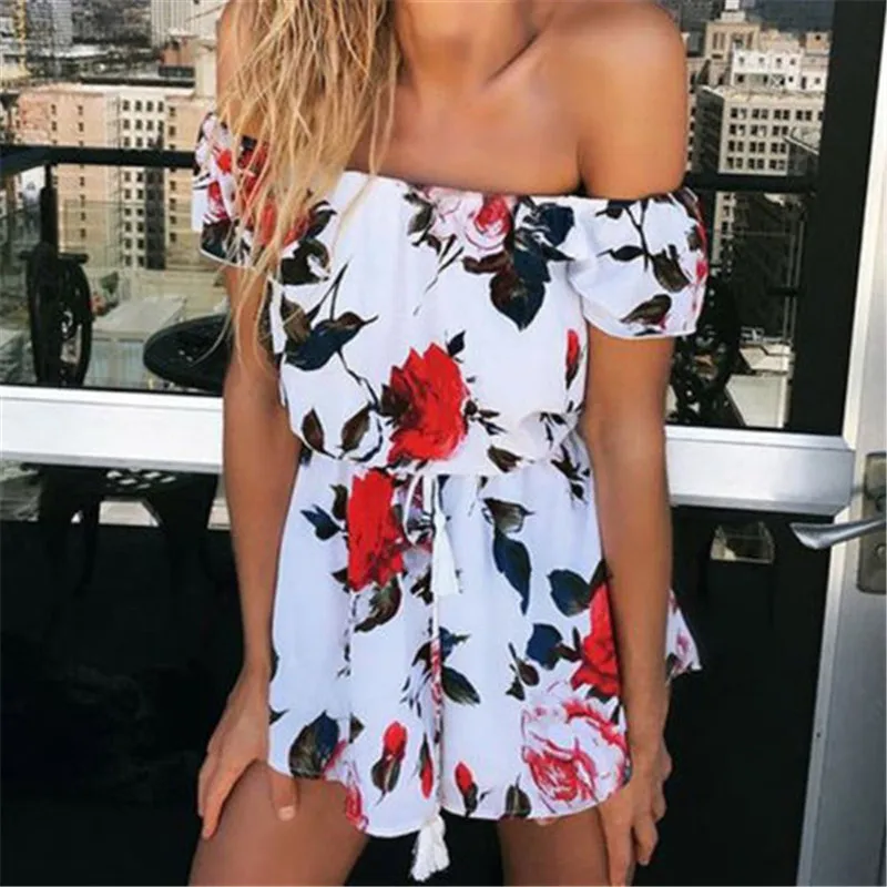

Women Summer Rompers 2019 Sexy Off Shoulder Playsuits Party Clubwear Retro Short Jumpsuit Boho Holiday Beach Bathing Clothing