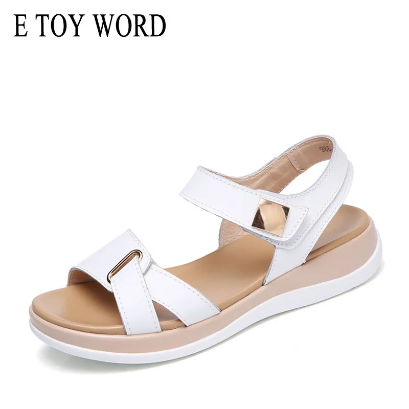 

E TOY WORD Summer Women's Sandals flats heel Leather Hook & Loop metal comfortable Wedge shoes ladies casual sandals