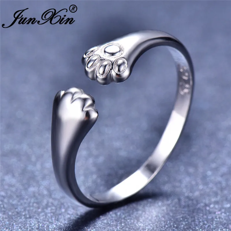 JUNXIN Cute Bear Dog Cat Paw Rings For Women 925 Silver/Gold Filled Open Ring Female Animal Claws Ring Daily Korean Jewelry Gift