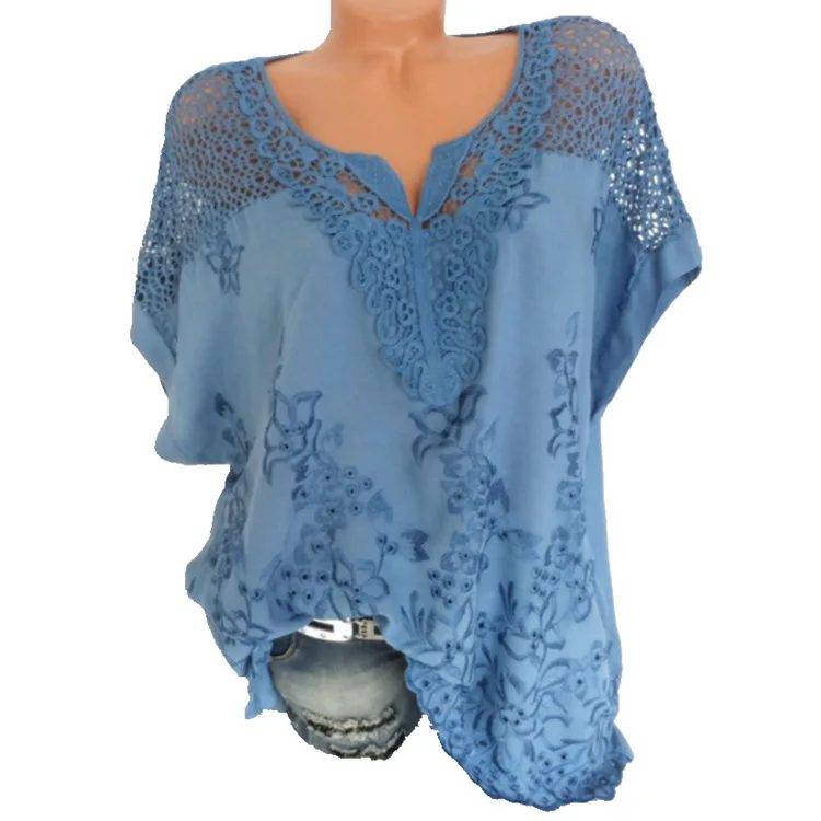 4XL Women's Lace Blouses Sexy V Neck Short Sleeve Embroidered Batwing Loose Shirt Summer White Tops