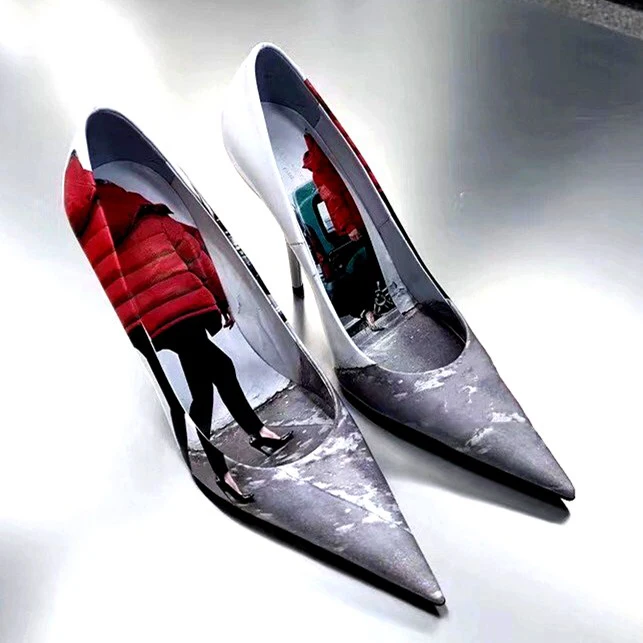 

Painting Pattern High Heels Lady Pumps Pointed Toe Fashion Women Shoes Genuine Leather Thin Heels Party Wedding Shoes Customized