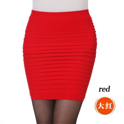 Летняя эластичная плиссированная короткая женская юбка с высокой талией, юбка-карандаш, Эластичные Мини юбки ярких цветов - Цвет: Красный