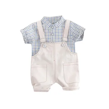 

Summer Baby Boys Clothes Set Short Sleeve Plaid Print Tops Shirts+Strap Shorts Casual Outfits Clothes Children's Sets 3-42M