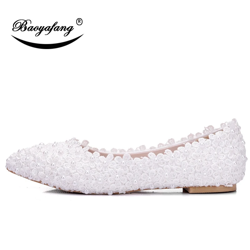 

Bao Ya Fang Ladies lace floret shoes Fashion Pearl Bride's Wedding Shoes Bridesmaid dress shoes Sweet Banquet Flats