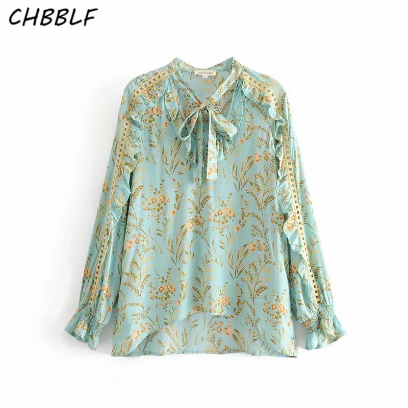 

CHBBLF women sweet ruffled floral print blouse bow tie collar stylish female chic shirts female cute tops blusas DFJ8328