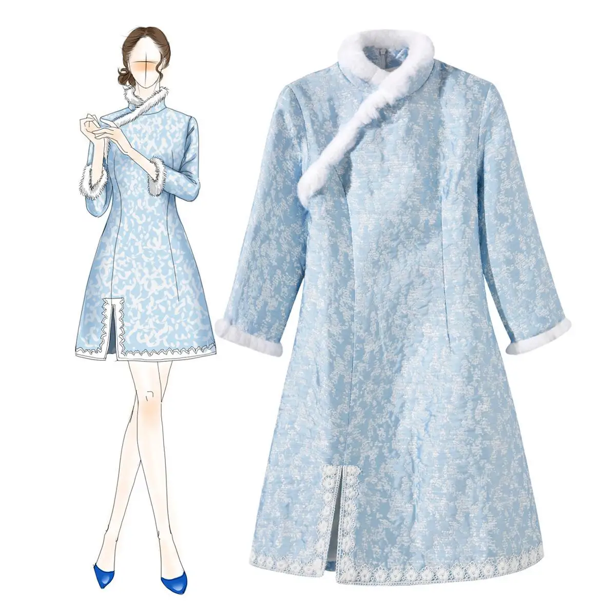 Небесно-голубое женское элегантное китайское платье с рукавом три четверти осенне-зимнее теплое платье из кроличьей шерсти Чонсам утолщенное винтажное Qipao - Цвет: Sky Blue