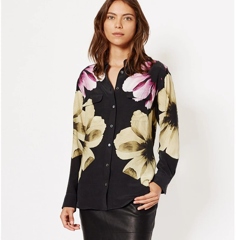 2 colors EQ new 100 silk big flower print women long sleeve shirt