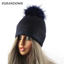 Норковые шапки из меха енота для женщин, Зимняя шерстяная вязаная шапка, стразы, шапка с меховым помпоном