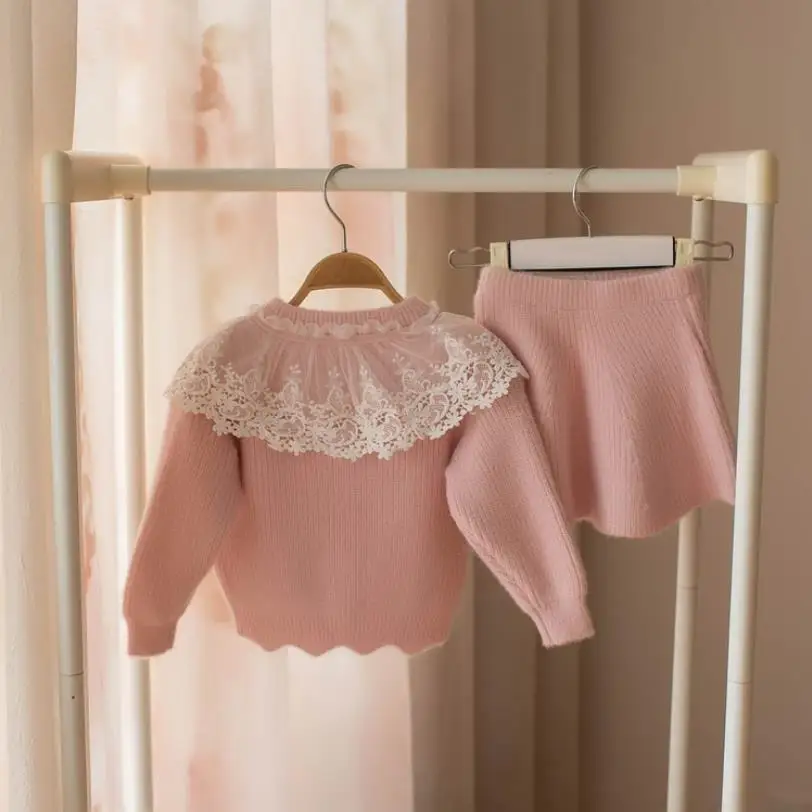 Skup Zestaw ubrań dla dziewczynek koronki sweter z wełny garnitur dla dziewczyna jesień wiosna dla dzieci 2 sztuk odzież stroje dziecięce koszula spódnica odzież wierzchnia