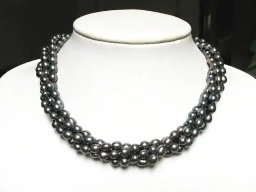 

FREE SHIPPING>>>@@ AS1581 necklace 3 strands black freshwater pearl rice beads twisted