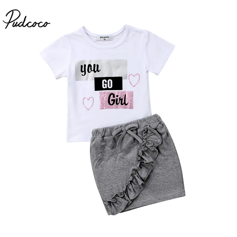 

Summer Toddler Kids Baby Girls Clothes Cotton Letter Short Sleeve Tops T-shirt Ruffles Mini Skirts Dress 2Pcs Fashion Outfit Set