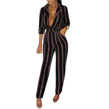 

2019 Spring Modern Lady Deep V -section Women Long Arm Striations Sewn High Waist Tightly Tight Tight Long Overalls