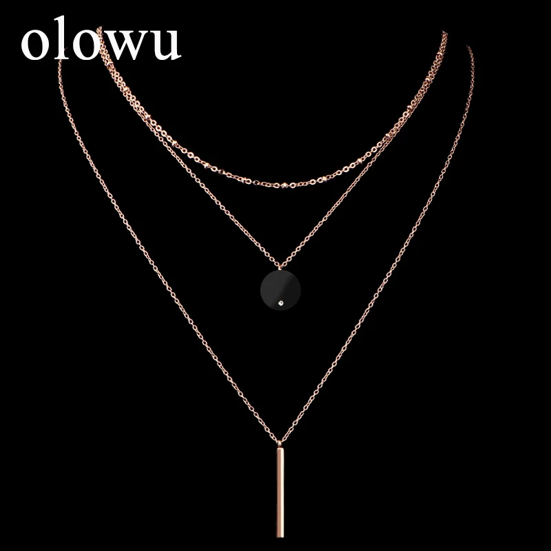 

olowu Women Bohemian Style 3 Multi-Layer Choker Necklace Rose Gold Tone Round Black Pendant Necklace Stainless Steel Jewelry