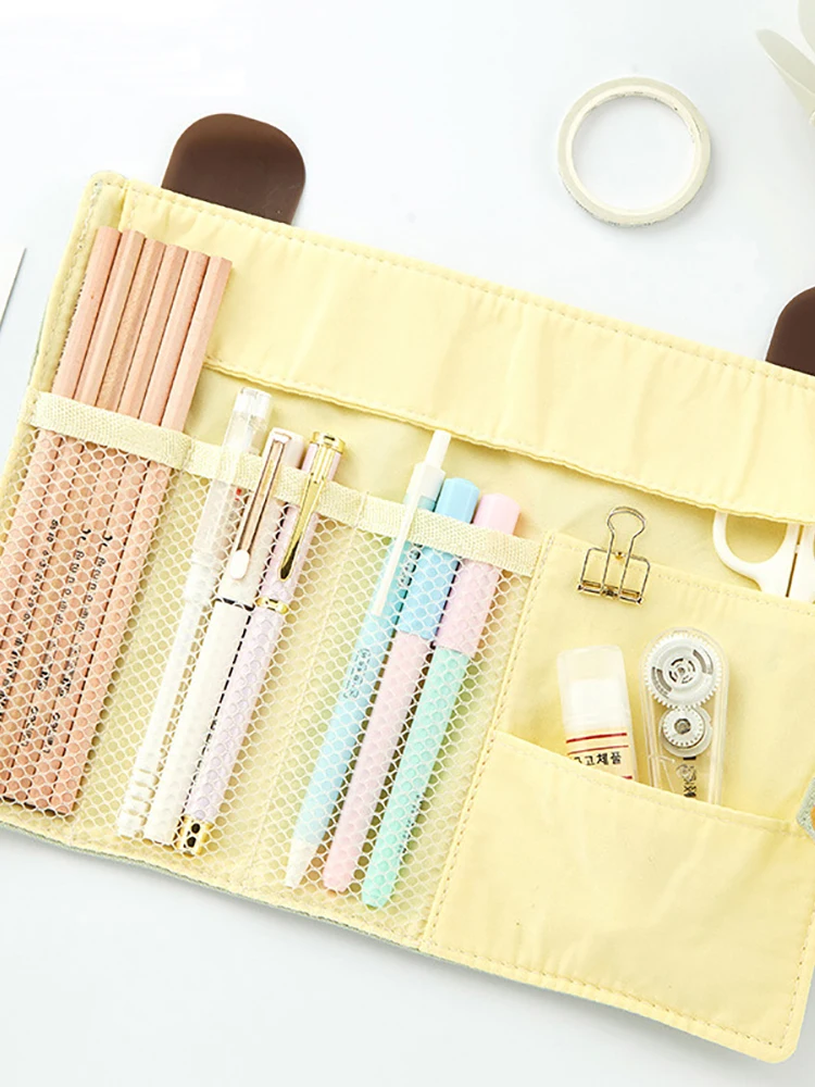 

Cute kitty Creative Pencil Bag Makeup Pen Button design Roll Up Thick Canvas Wrap Storage Box Bags Students School Stationery