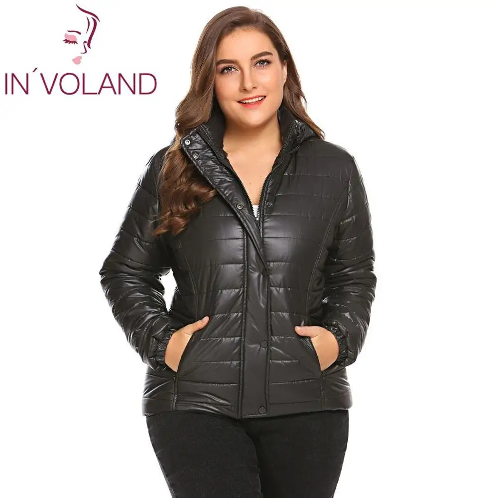 IN'VOLAND размера плюс с капюшоном женские пальто Верхняя одежда с длинным рукавом на молнии осенние пальто хлопок стеганый ватник канал Женская куртка - Цвет: Black