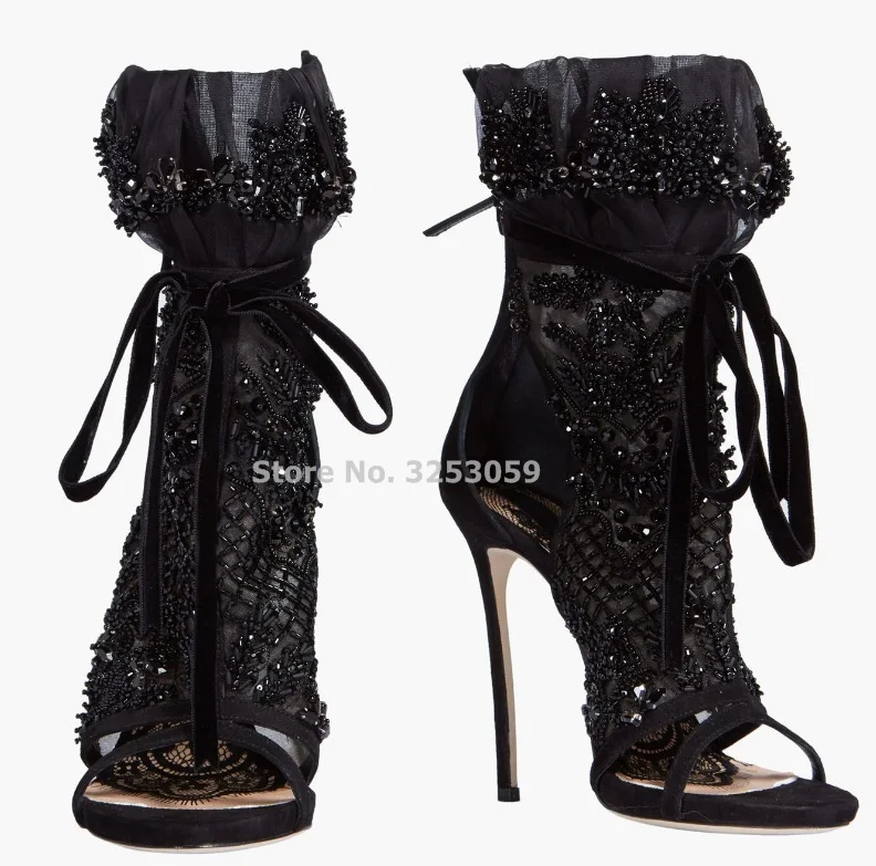 Goede Jonge Meisjes Luxe Merk Zwart Kant up Mesch Sandaal Laarzen Peep Toe String Kralen Sandalen Naaldhak Kant Wedding schoenen Bootie