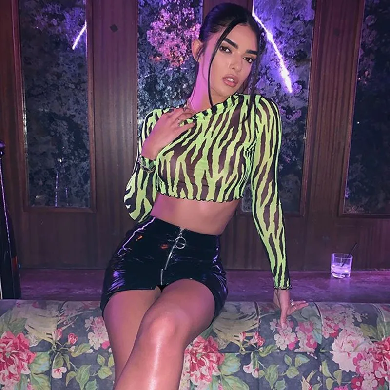 Zebra Print Neon Green Mesh Long Sleeve 