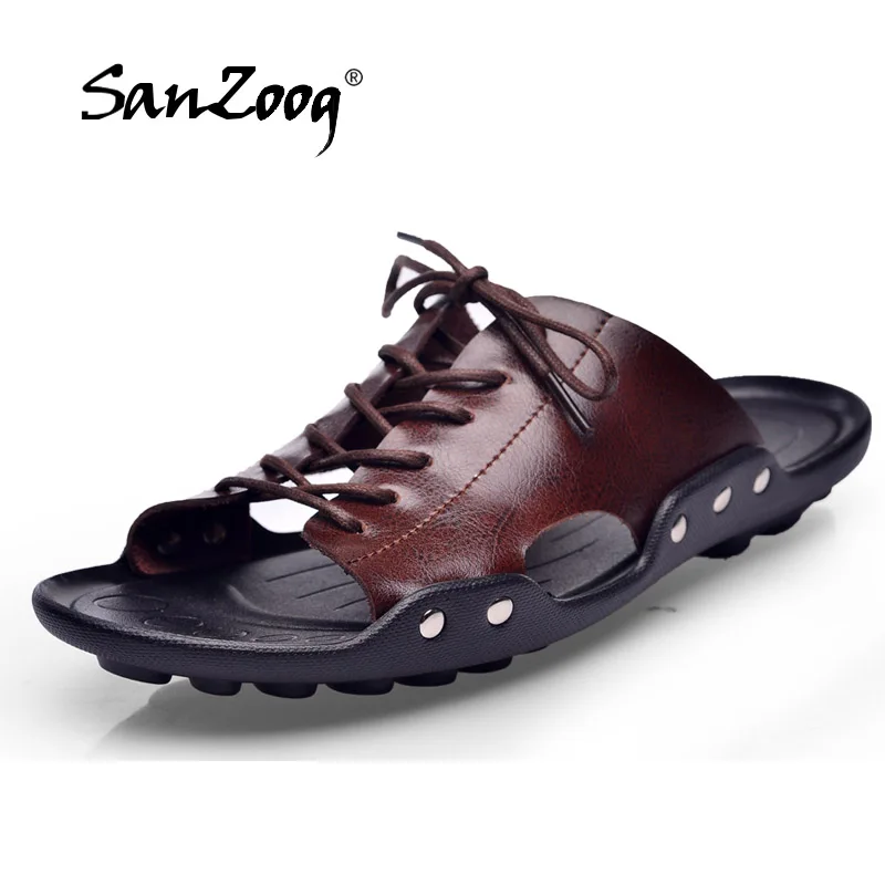 preço Hot Sandálias de Praia Preguiçosos Genuíno Couro de Vaca Dos Homens 2018 Novo Verão Sandalias Hombre Flip Flops dos homens Calçados Casuais Drop Shipping grátis