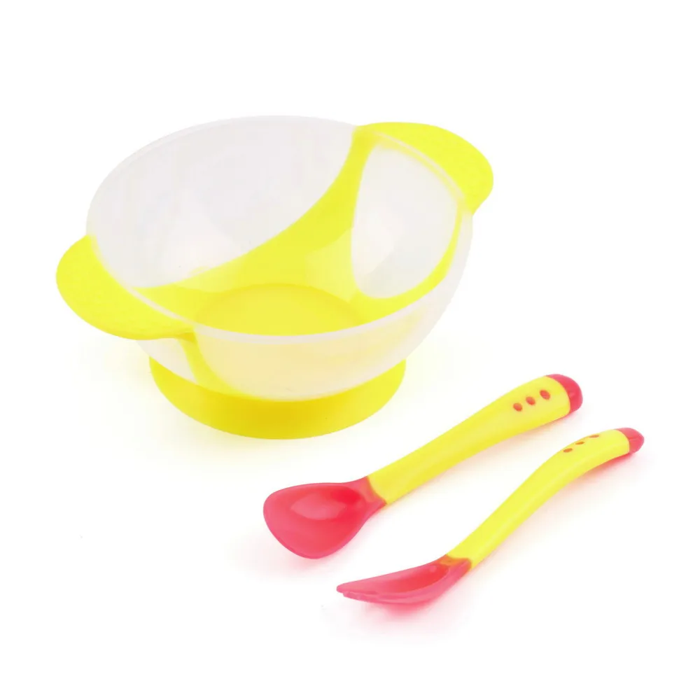 Лидер продаж, детская ложка, миска, обучающая посуда с присоской, миска для еды, чувствительная к температуре, ложка, детская посуда - Цвет: yellow bowl set
