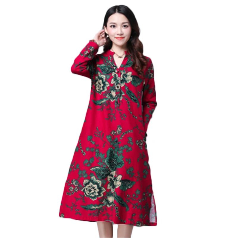 2020 New Spring Autumn Women's Dress Ethnic Style Loose Women Dreses Vintage Print Female Cotton linen Ladies FC64 | Женская одежда