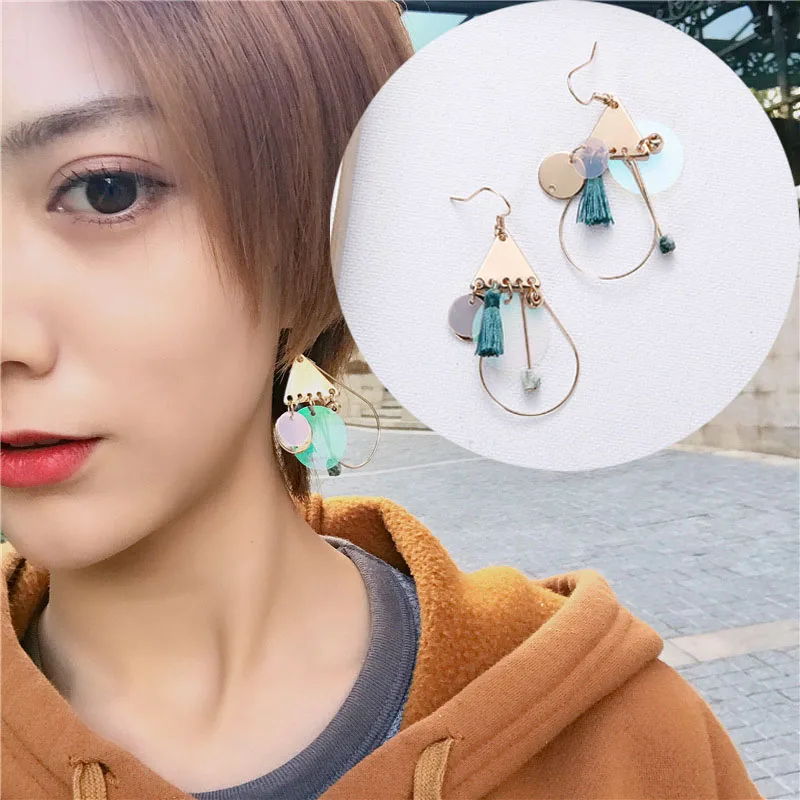 

Geometric Alloy Triangle Round Water Waterdrop Shape Earring Light Green Tassel Natural Stone Drop Earrings for Women Jewelry