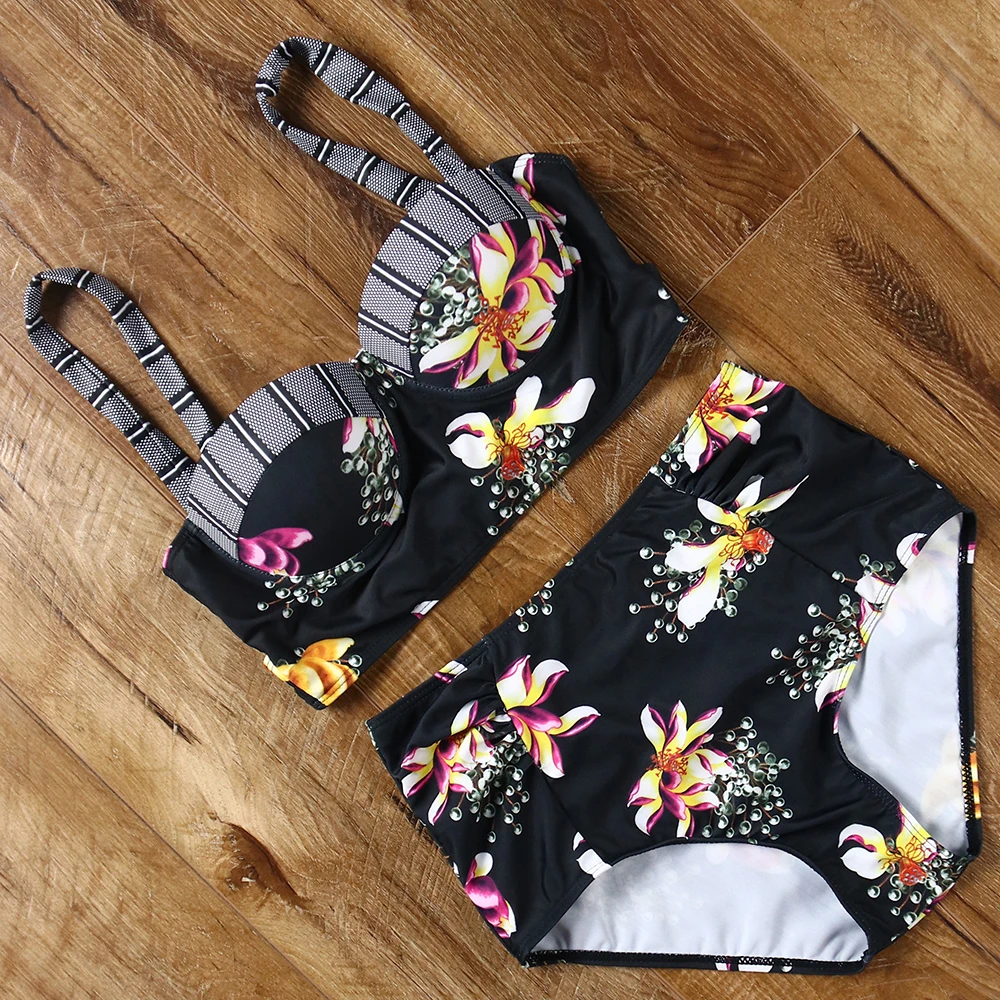 

push up swimsuit women bikini 2019 high waist bikini set floral printed swimwear female halter top bathing suit mayo beach wear
