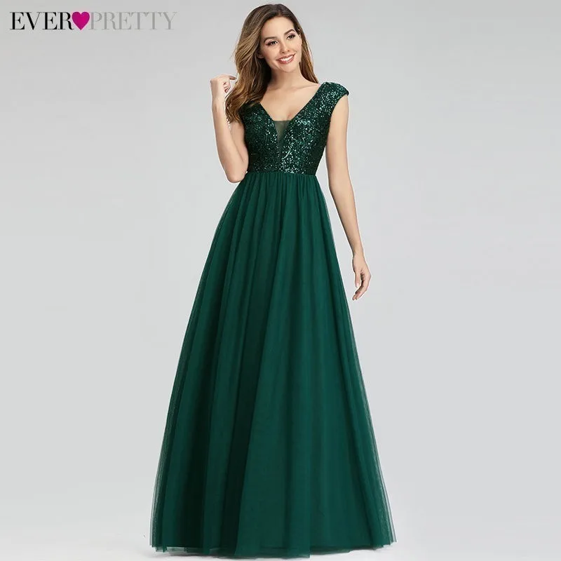 Elegant Dresses For Wedding Party Ever Pretty Dark Green Sequined Bridesmaid A-Line V-Neck Formal Guest 2019 | Свадьбы и торжества
