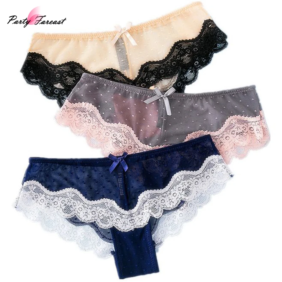 Partfareast Sexy Transparent Panties For Women Mesh Dot Bow Lace Low