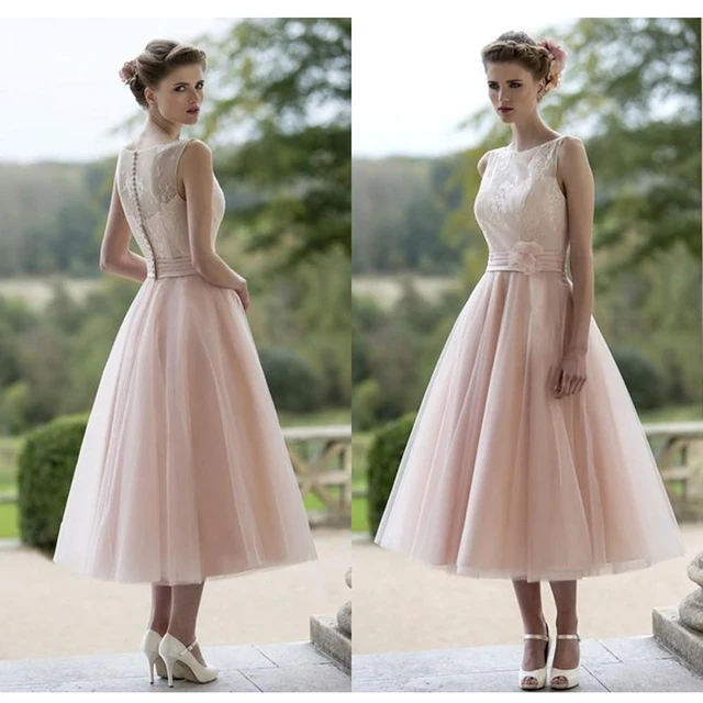 Tea Length Blush Pink Wedding Dresses 2017 Robe De Mariage Short Tea Length Blush Pink Wedding Dresses 2017 Robe De Mariage Short Vintage Style Lace Bridal