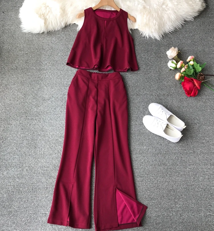 

Spring Summer Outfit New Korean Fashion V Neck Sleeveless Vest Tops + Thin Wide-leggedTrousers Women Two-piece Suit D527