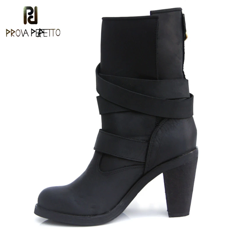 

Prova Perfetto Narrow Band Mature Design Genuine Leather Boots Woman Metal Buckle Chunky Heel Martin Boot Plush In Winter Shoes
