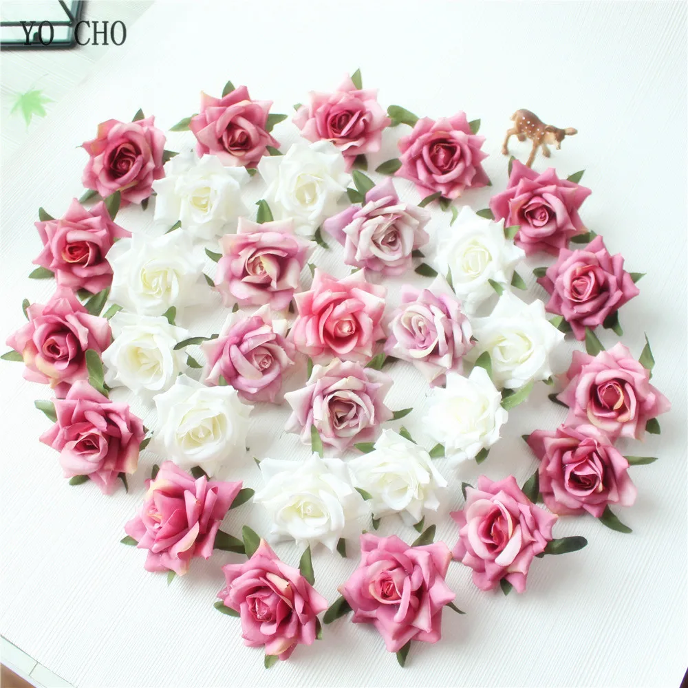 YO CHO 100pcs Rose Artificial Flower Head Silk Wedding White Pink Peony