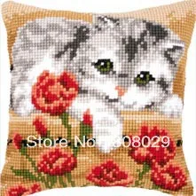 

Tapestry Cushion Poppy flowers cat Pillowcase JCS LOGO Throw Pillow Cross Stitch Kits for Embroidery on Pre-painted Canvas