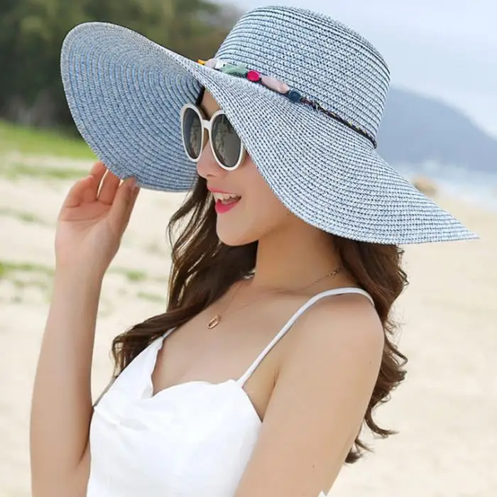 Женские широкие поля, из соломы мягкая шляпа складная сворачиваемая Защита от солнца на пляже Кепка-MX8