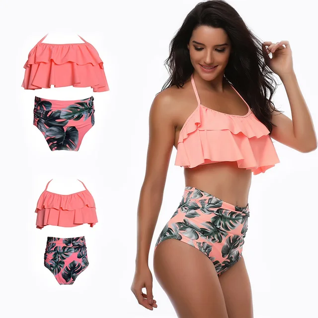 Best Offers Women Girl High Waist Bikini Set Ruffles 2 Pieces Swimwear For Mother and Daughter Swimsuit Bikinis Family Matching Outfits Look