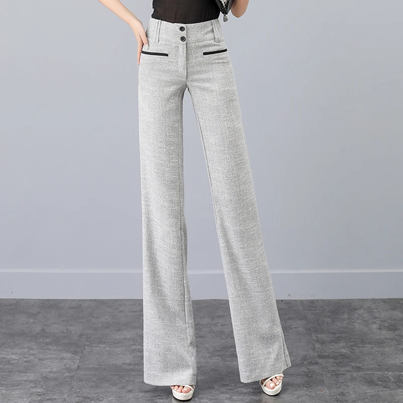 

2018 Spring Summer Casual Women Female High Waisted Patchwork Wide Leg Straight Linen Pants , Casual Ladies Black Linen Trousers