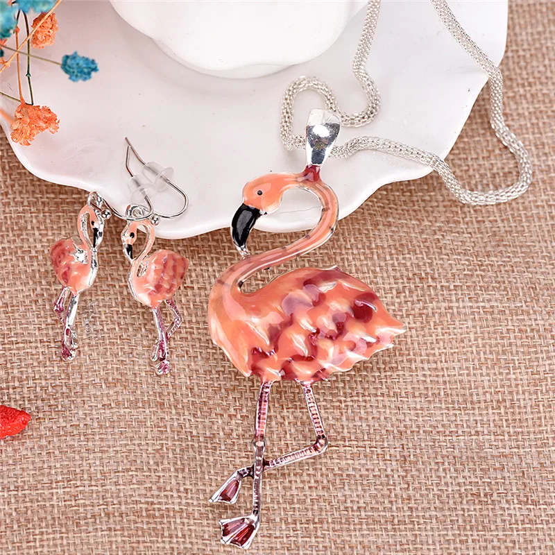 Fashion Flamingo Jewelry Sets Silver Plated Multicolor Pendant Flamingo